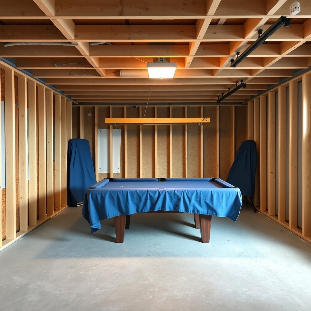 Basement being finished into a family game room with fresh drywall, exposed framing, and pool table protected by moving blankets