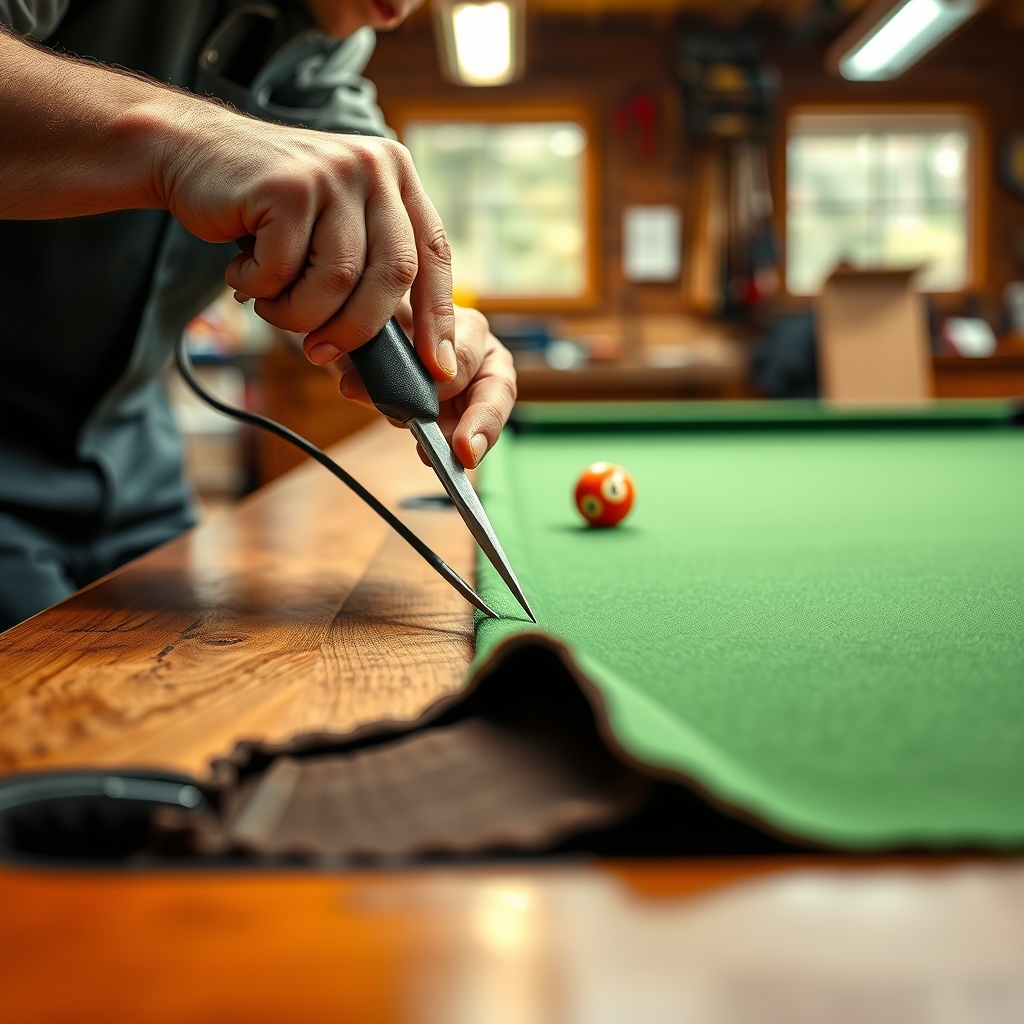 Technician's hands carefully repairing pool table felt with precision tools in a professional workshop