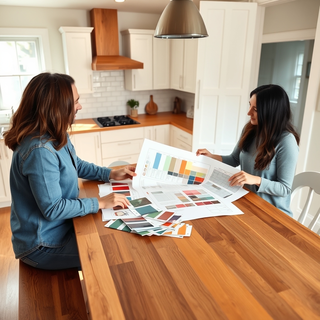 Homeowners reviewing remodel plans and paint swatches at a table