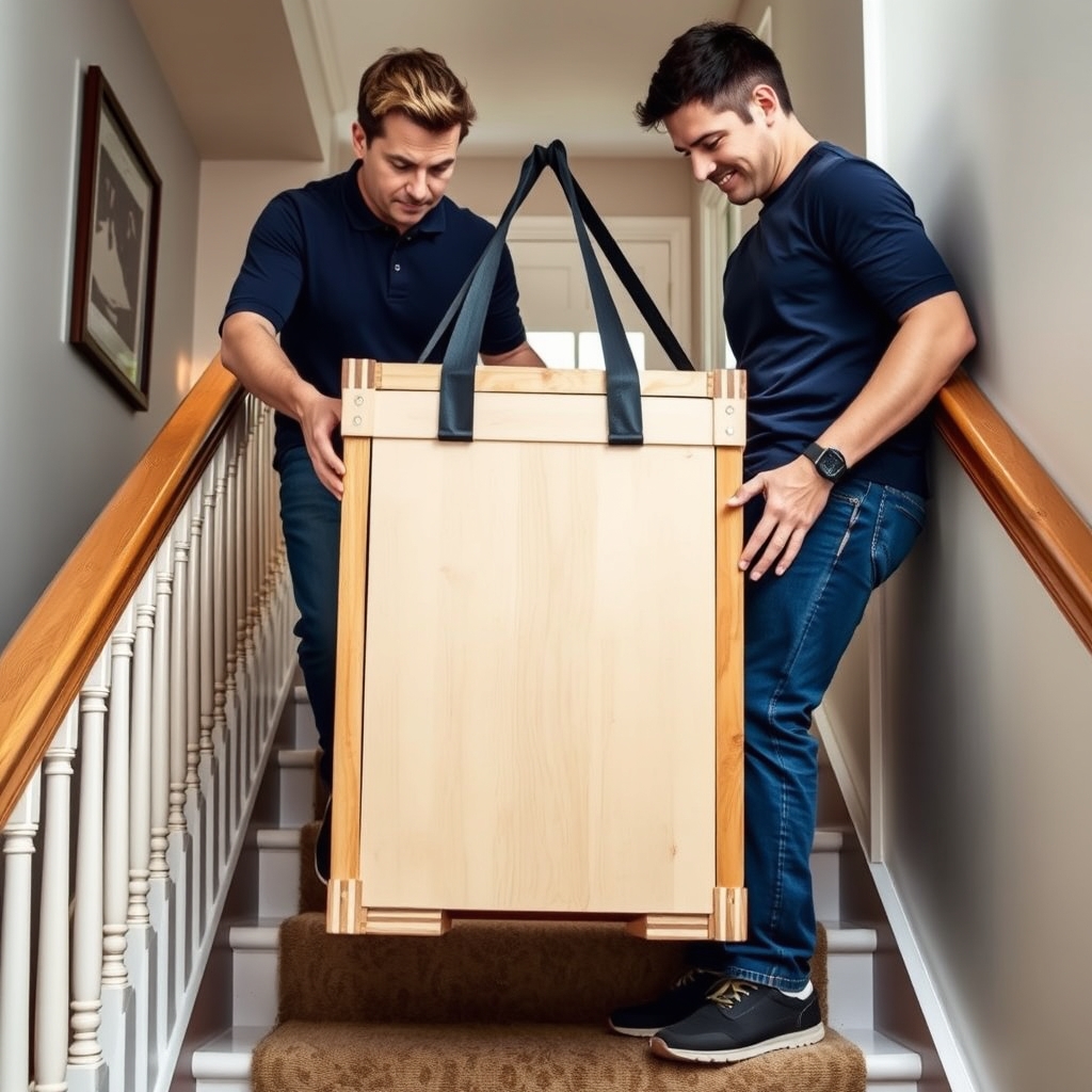 Two professional movers carrying a heavy padded wooden crate down residential stairs with lifting straps