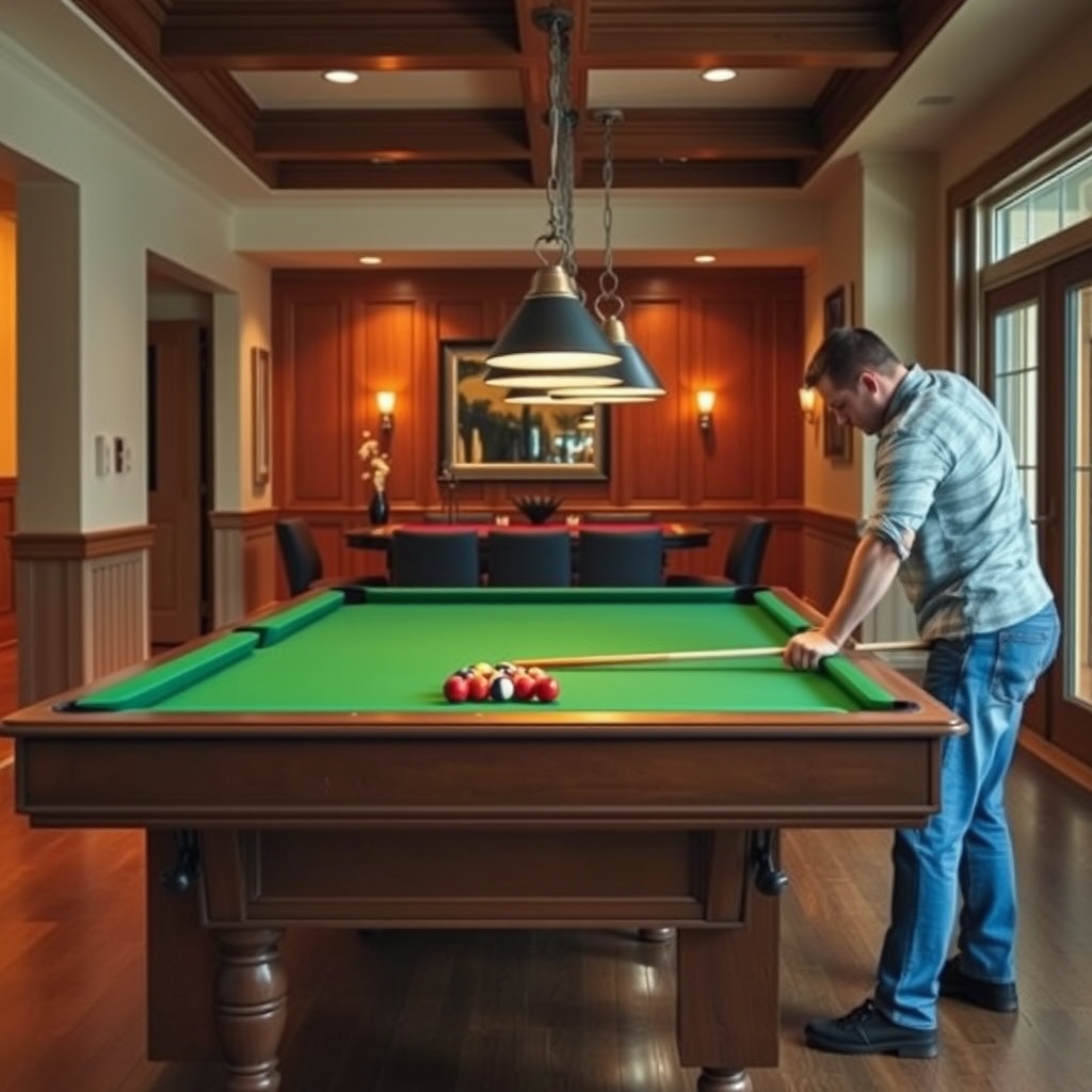 Expert technician delivering and setting up a pool table in a home game room, checking level and alignment