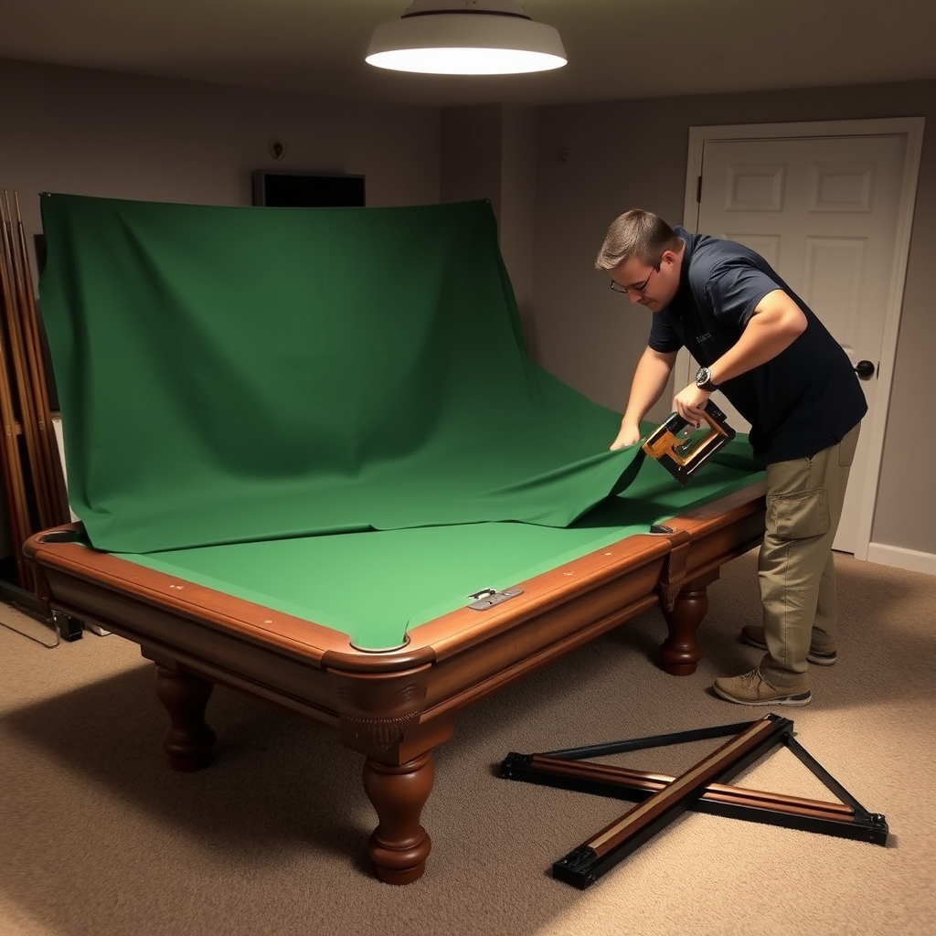 A technician stretching new green cloth over a slate pool table bed