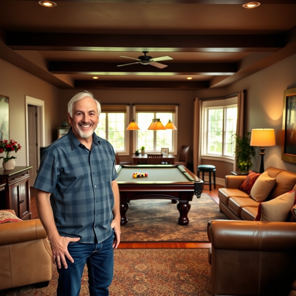 A satisfied homeowner standing in their remodeled game room after pool table installation
