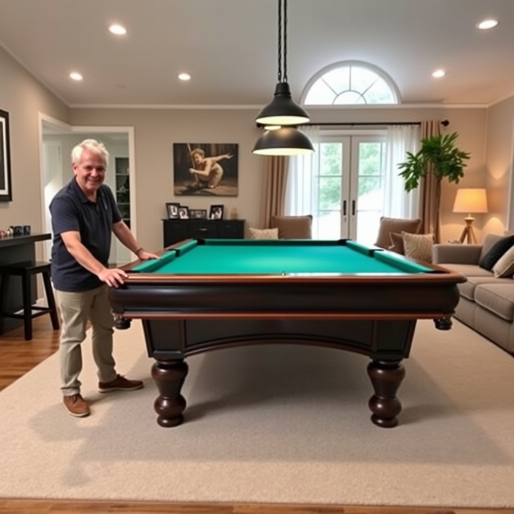 A homeowner proudly showing off their newly moved pool table in its new location